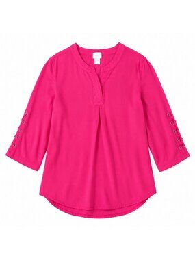 Chico's Pink Lace-Up Sleeve Blouse Women's Size 1 3/4 Sleeve Viscose Top.